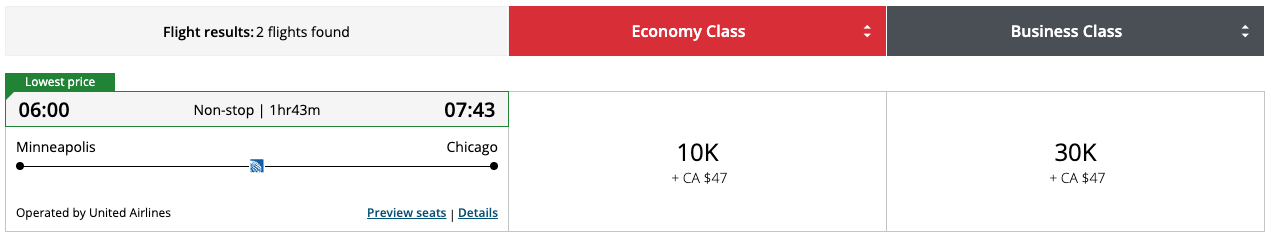 flight results for a flight from Minneapolis to Chicago. 10,000 points plus $47 for economy